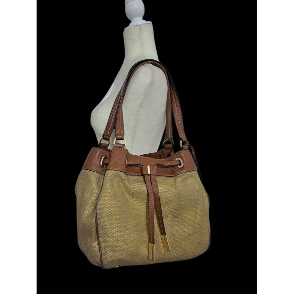 Michael Kors Marina Drawstring Tote Bag Gold Metallic Canvas Brown Leather Trim